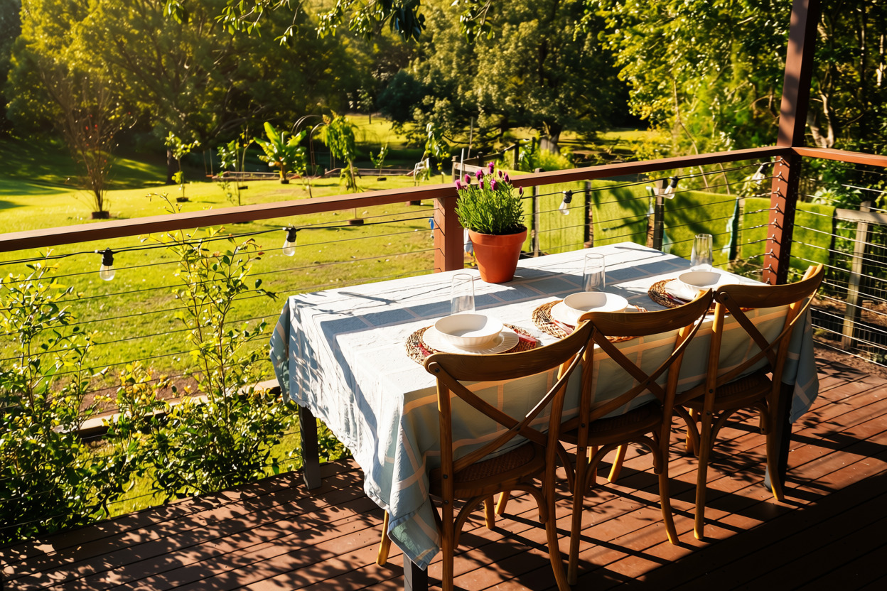 Private verandah with outdoor dining overlooking the gardens at Kookaburra Cottage, Camp Mountain