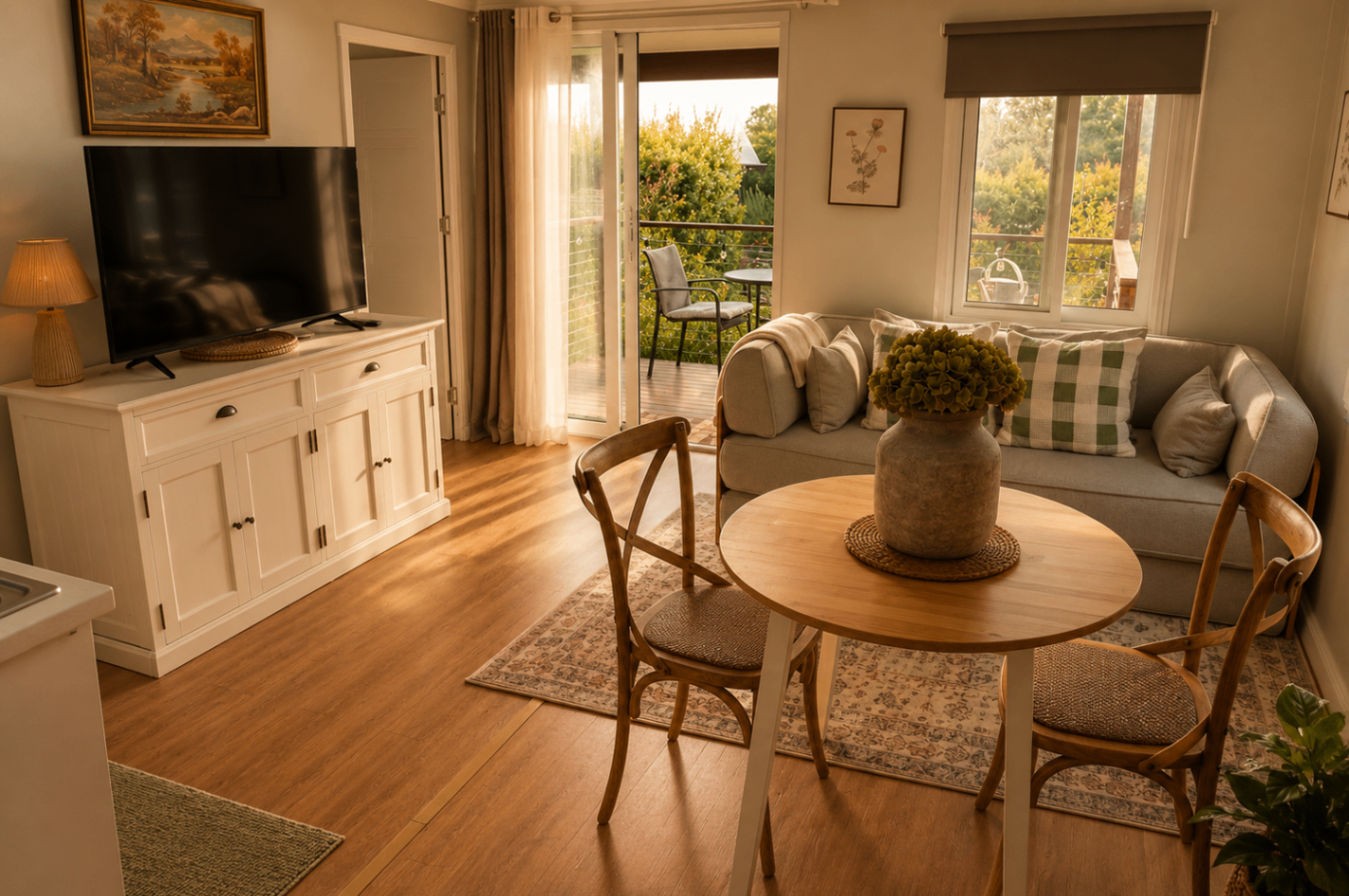 Furnished living area inside Mountain View Cottage