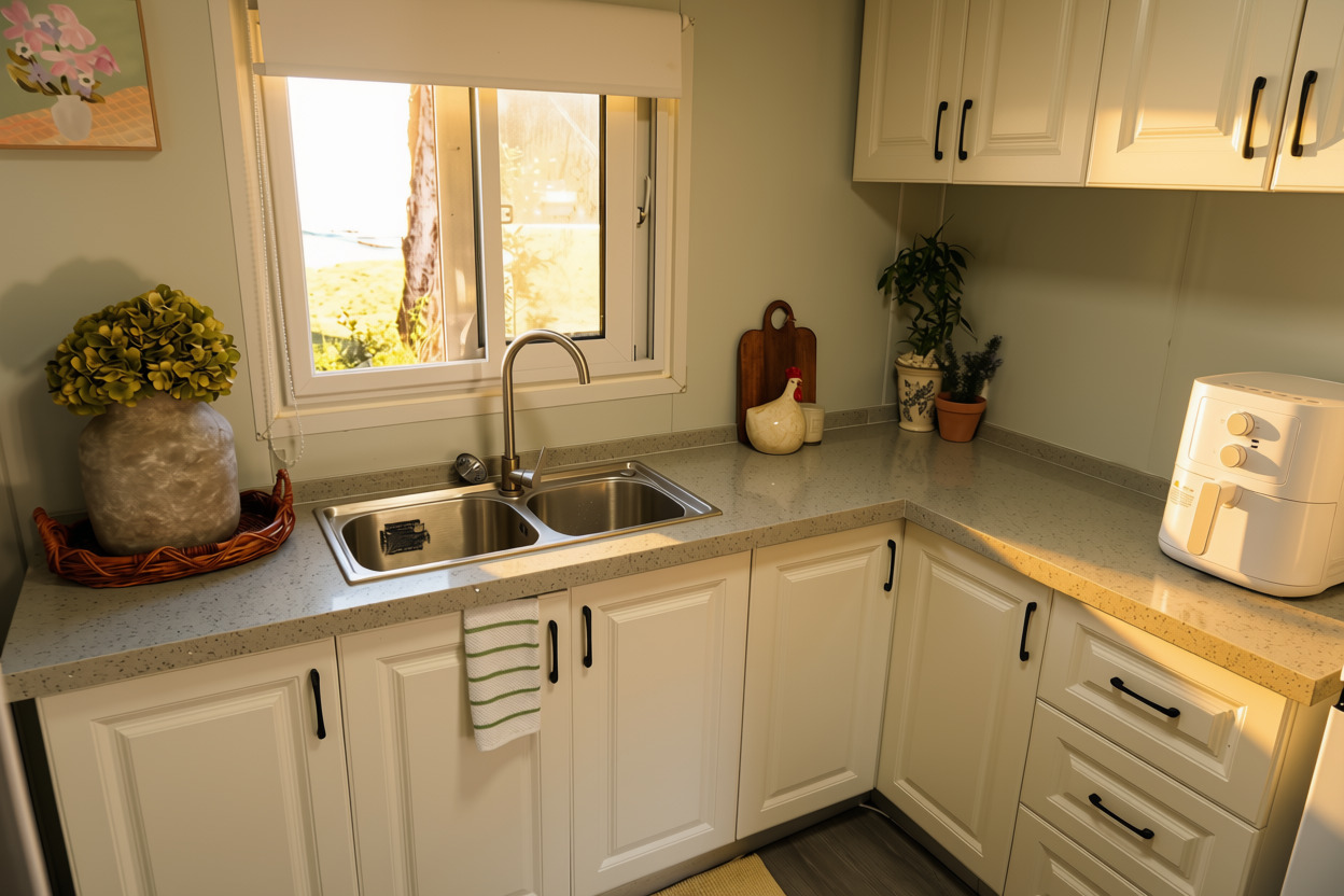 Self-contained kitchenette with garden outlook at Kookaburra Cottage