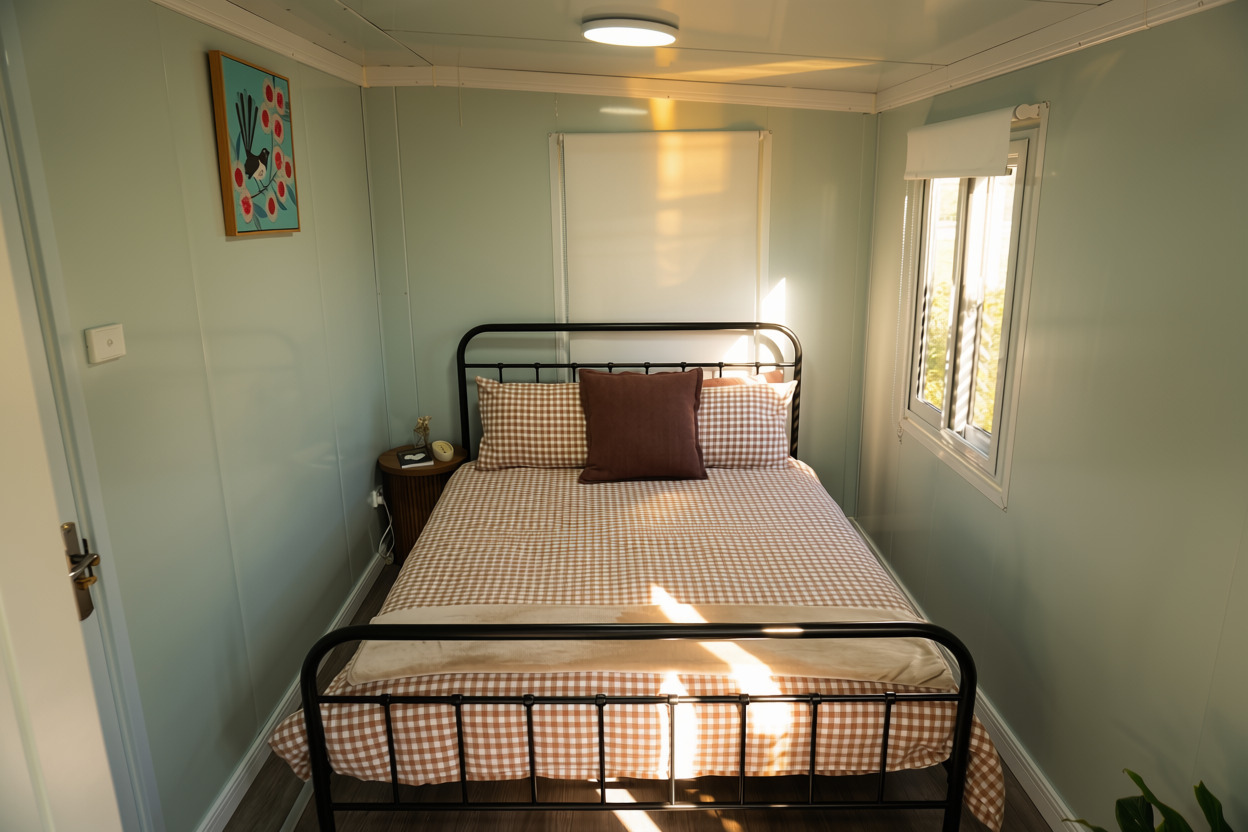 Queen bedroom with soft morning light at Kookaburra Cottage