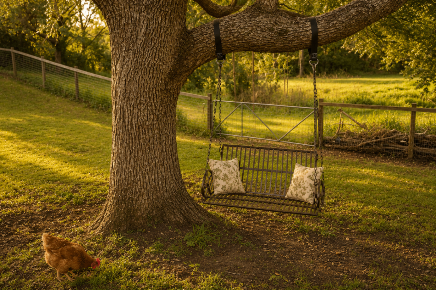 An empty swing beneath the old tree