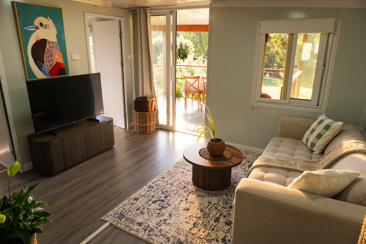 Comfortable living area with sofa and smart TV inside Kookaburra Cottage